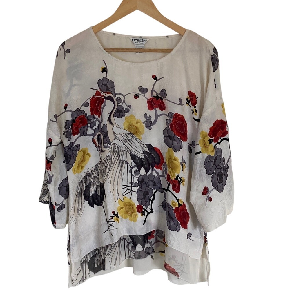 Citron Womens Multicolor Floral‎ Silk Blouse Crane Design Size Large 3/4 Sleeves